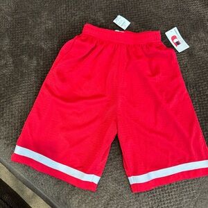 Denny’s Boys Red Athletic Mesh Shorts with White Hem Stripe